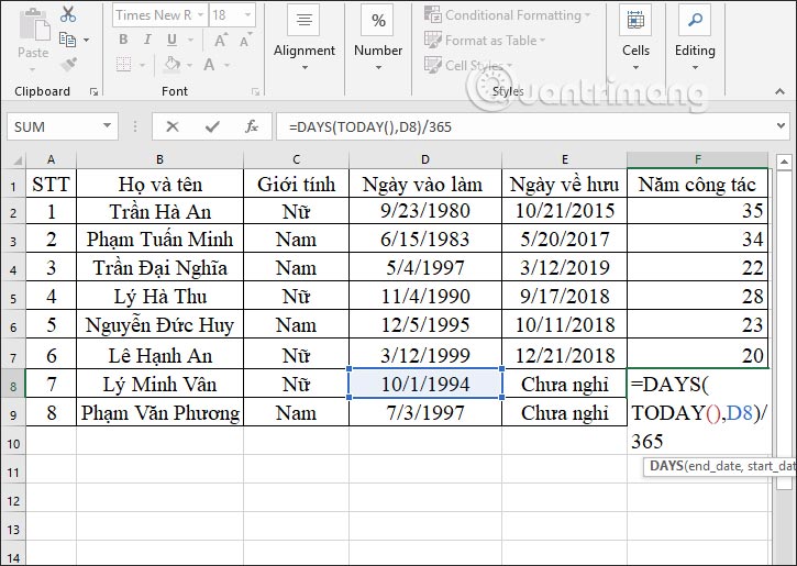 Formula to calculate five people who have not yet retired