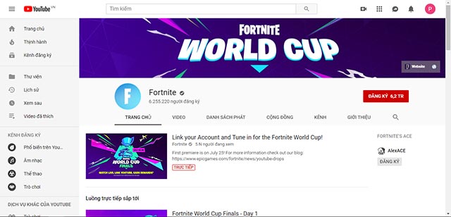 Bạn có thể theo dõi trực tiếp Fortnite World Cup trên kênh YouTube chính thức của Fortnite