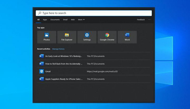 Thanh tìm kiếm mới trên Windows 10.
