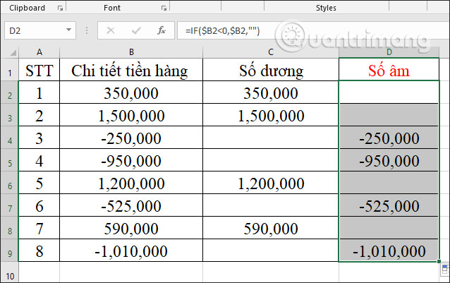 Cách tách số âm và số dương trong Excel
