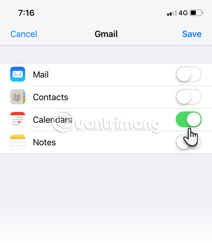 4 thanh trượt để đồng bộ hóa Mail, Calendars, Contacts và Notes