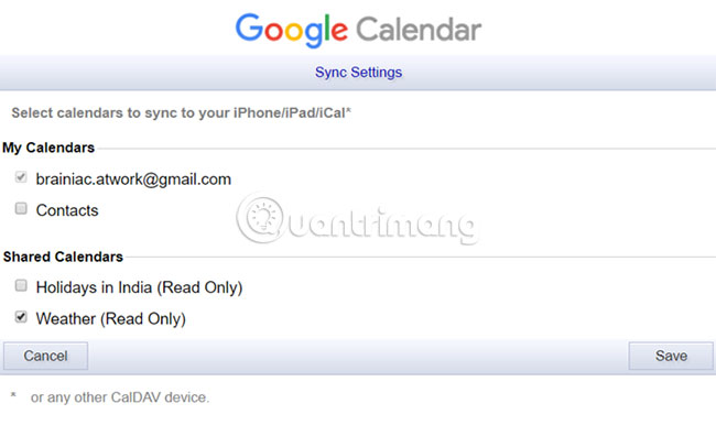 Chọn Google Calendar bạn muốn đồng bộ