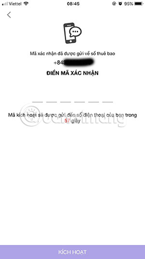 Điền mã xác thực số điện thoại Mocha