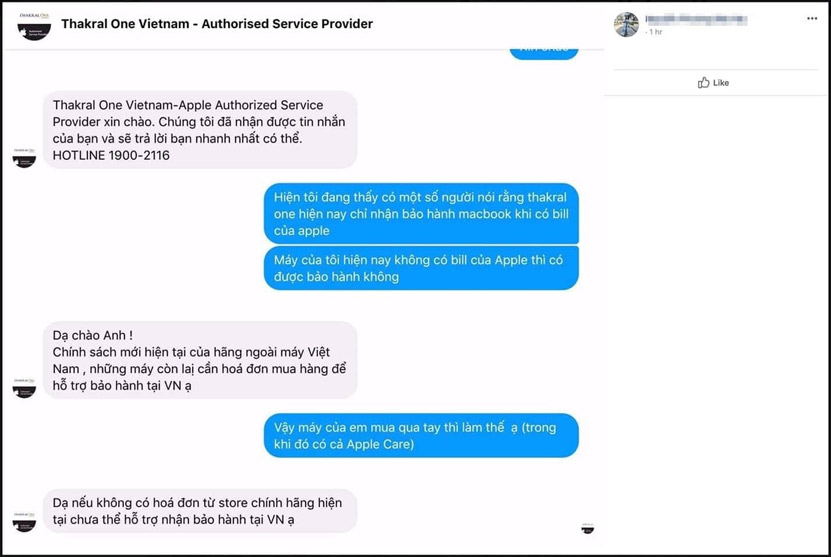 Ảnh chụp từ một người dùng Facebook khi inbox hỏi bên trung tâm uỷ quyền Apple - Thakral One Vietnam