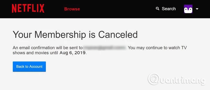 Thông báo hủy gói cước Netflix thành công