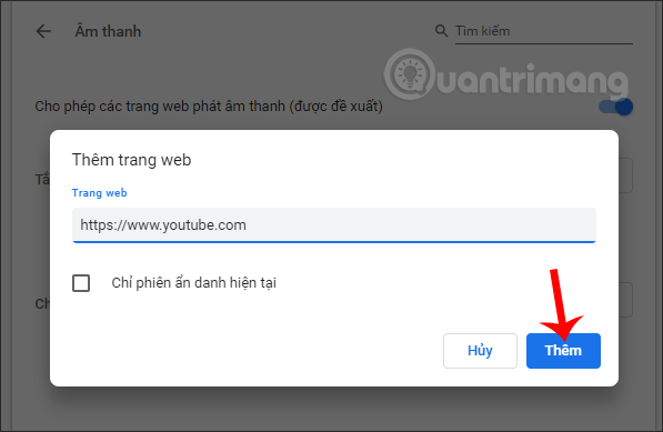 URL website muốn tắt tiếng