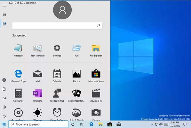 Hình ảnh giao diện Start Menu rò rỉ từ bản cập nhật Windows 10 Build 18947
