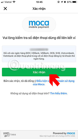 Kiểm tra số điện thoại liên kết ví moca