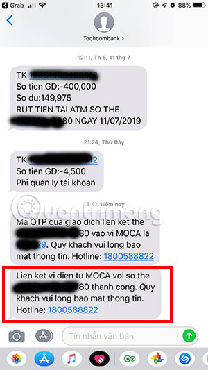 Liên kết moca với grab thành công