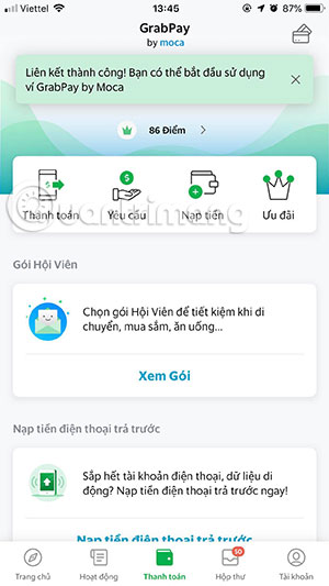 Thanh toán trên grab bằng ví moca