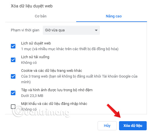Trên cửa sổ Xóa dữ liệu duyệt web, click chọn Xóa dữ liệu.