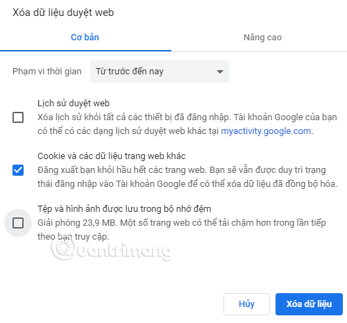 Tích chọn vào ô Cookie và các dữ liệu trang web khác.