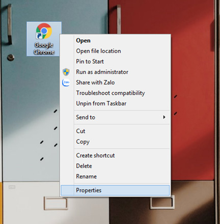 Chọn Properties sau khi kích chuột phải vào biểu tượng Google Chrome
