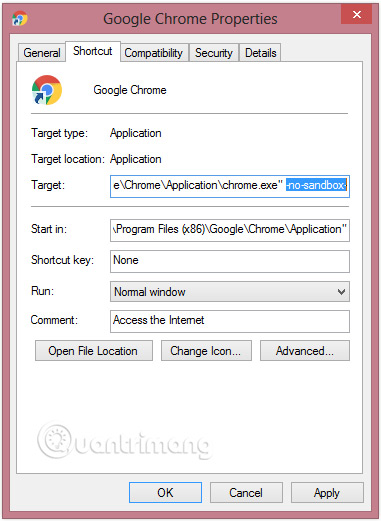 Thêm chuỗi -no-sandbox- vào phía cuối khung Target