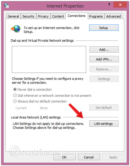 Click chọn tiếp LAN Settings trên thẻ Connections