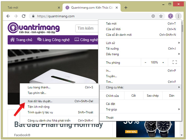 Click chọn Công cụ khác Xóa dữ liệu duyệt...