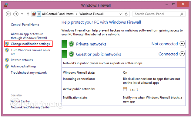 Firewall Chọn Windows Firewall rồi click chọn liên kết Turn Windows Firewall on or off