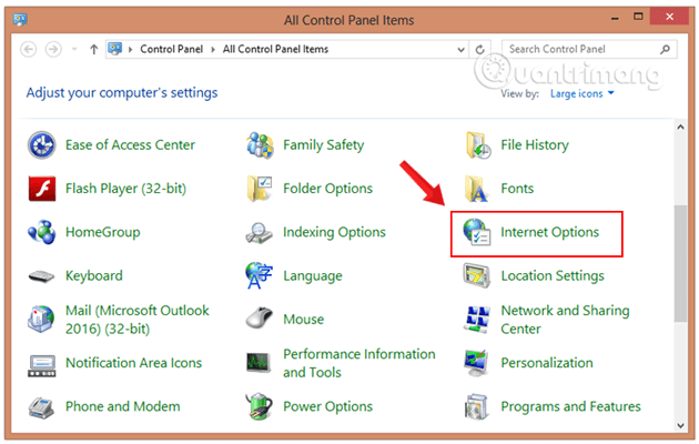 Menu Internet Options trong Control Panel.