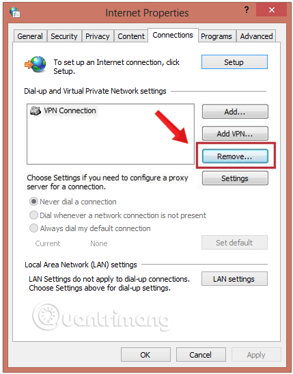 Xóa kết nối VPN tại đây bằng nút Remove
