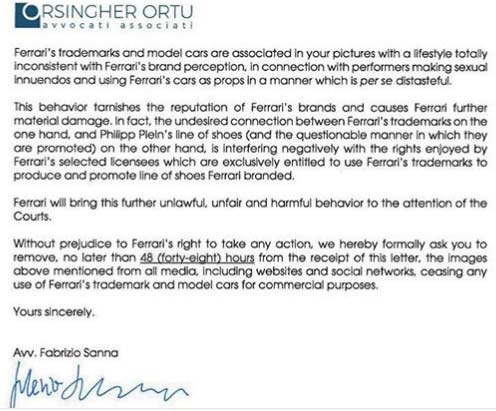 Bức thư Ferrari gửi đến Philipp Plein, yêu cầu những bức ảnh phải bị xóa trong vòng 48 giờ