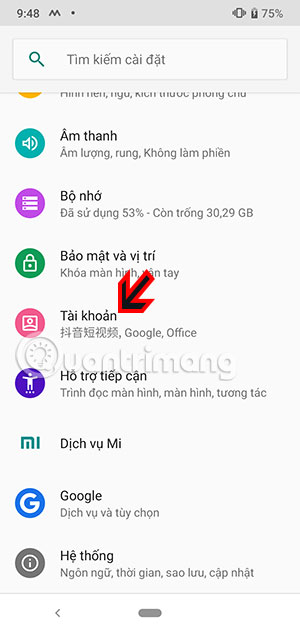 Chọn mục Tài khoản trong Cài đặt