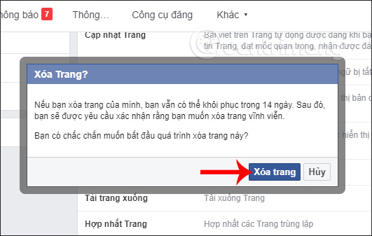 Chọn xóa Fanpage PC