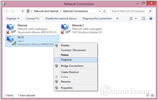 Nhấp chuột phải vào Kết nối Wifi bạn đang sử dụng và chọn Diagnose.