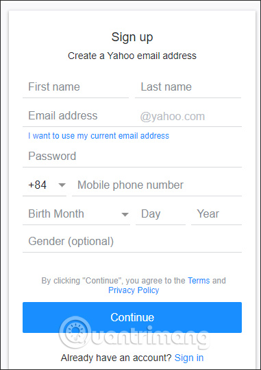 Nhập thông tin tạo Yahoo!Mail