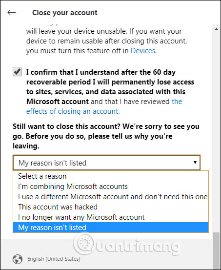 Chọn lý do xóa tài khoản