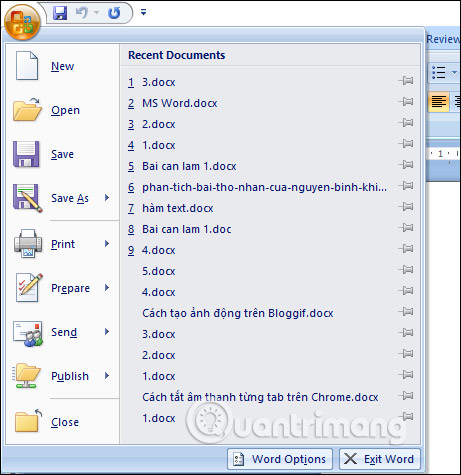 Cách xóa danh sách file vừa mở trong Word 2007