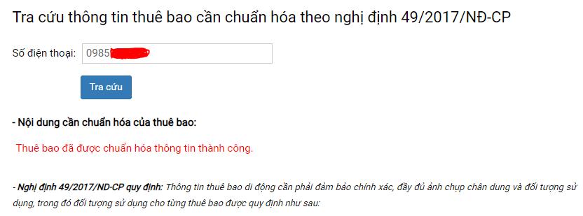 Thuê bao đã được chuẩn hóa thông tin thành công.
