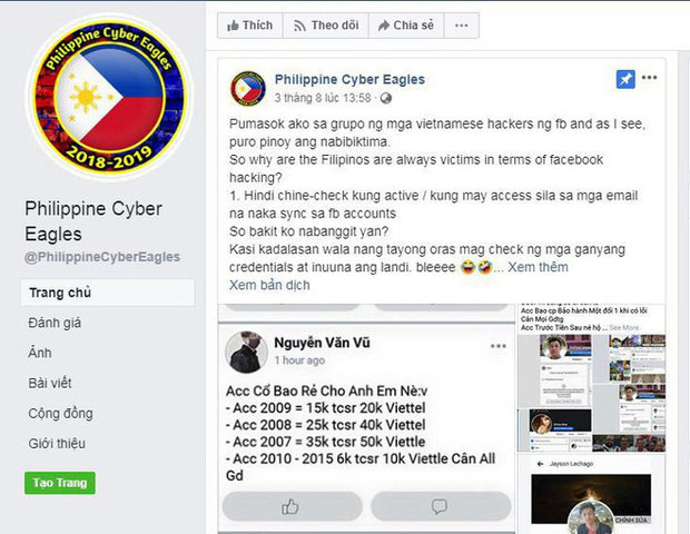 Bài đăng trên trang fanpage Philippines Cyber Eagle