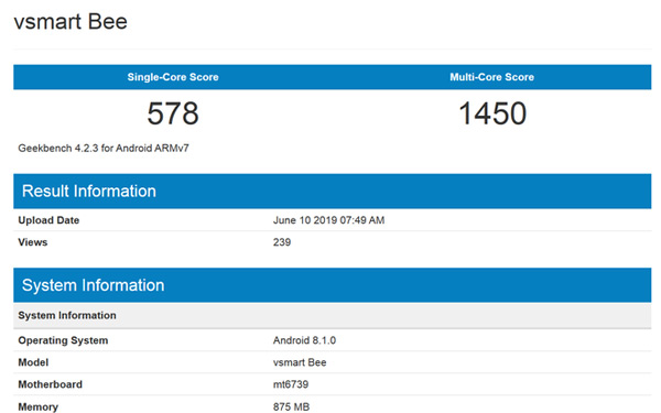 Vsmart Bee đạt được 578 điểm trong bài test đơn nhân