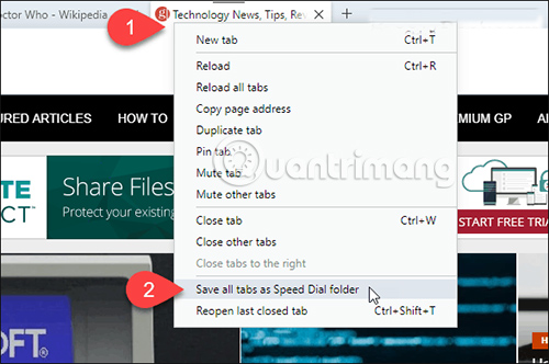 Chọn Save all tabs as Speed Dial folder