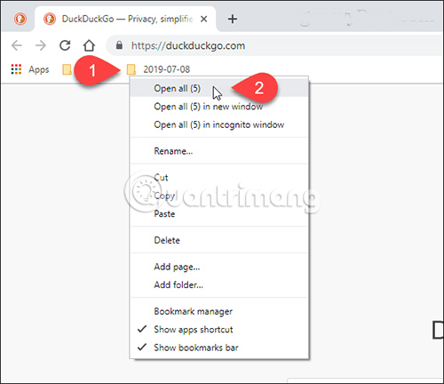 Bạn cũng có thể chọn 1 trong 2 tùy chọn khác là Open all (X) in new window hoặc Open all (X) in incognito window