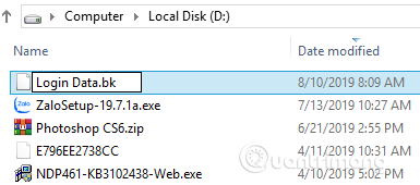 Ở đây, chúng tôi đổi tên file thành Login Data.bk