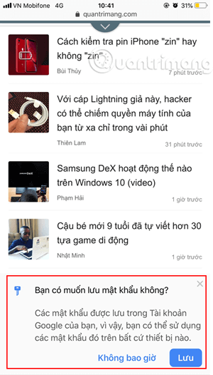 Lưu hoặc không lưu mật khẩu trình duyệt Chrome trên di động