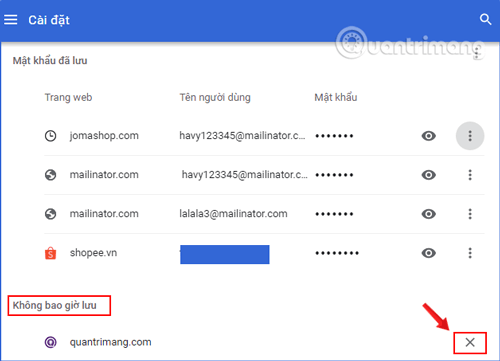 Xác định trang web bạn muốn xóa.