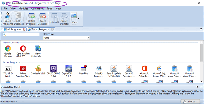 Giao diện Revo Uninstaller Pro 3 sau khi kích hoạt bản quyền
