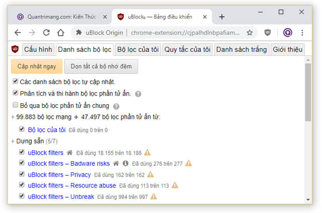 Bảng điều khiển của uBlock Origin