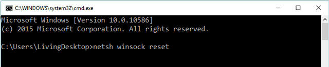 Nhập lệnh netsh winsock reset