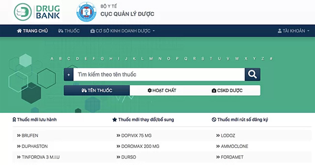 Giao diện Website ngân hàng dữ liệu ngành dược, Bộ Y tế.