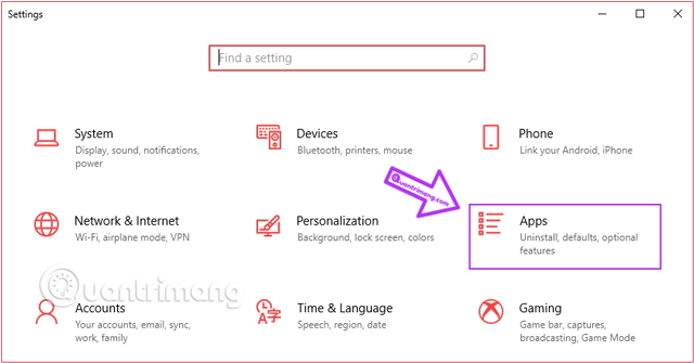 Giao diện cài đặt của Windows sẽ hiển thị, bạn chọn Apps
