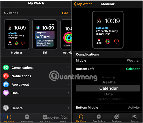 Bạn có thể thiết lập các complication và nơi chúng xuất hiện trên mặt đồng hồ từ ứng dụng Watch trên iPhone