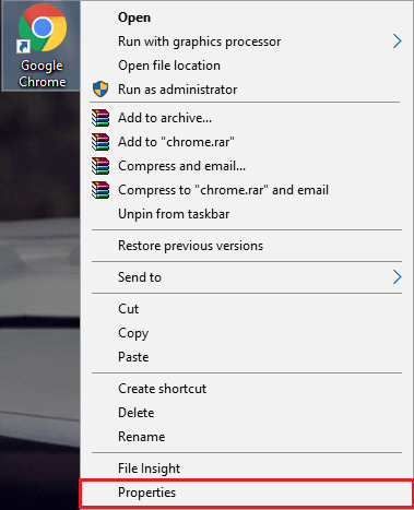 Chọn Properties sau khi kích chuột phải vào shortcut Chrome trên màn hình