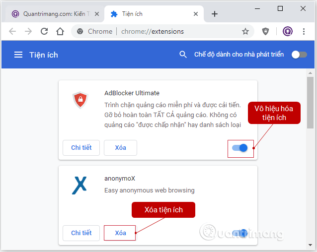 Vô hiệu hóa hoặc xóa các tiện ích mở rộng