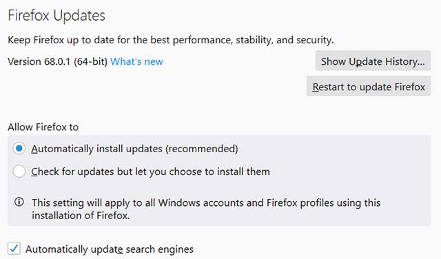 Kích hoạt tính năng cập nhật tự động trong Firefox