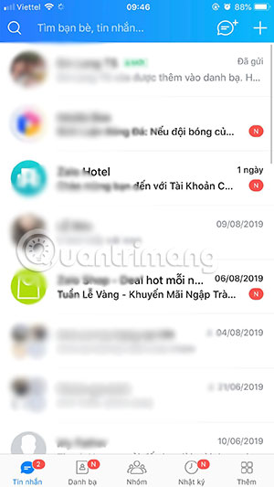 Giao diện danh sách cuộc trò chuyện Zalo
