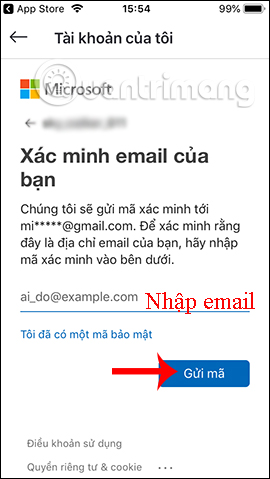 Nhập lại địa chỉ email