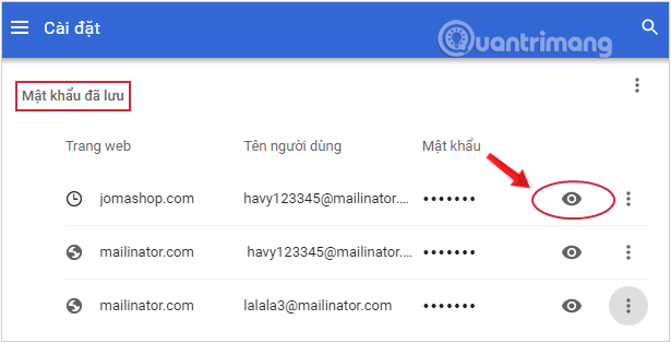 Click the eye icon to view saved passwords on Chrome